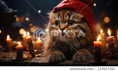 Cat in a festive Santa Claus hat for New Year and Christmas 124687892