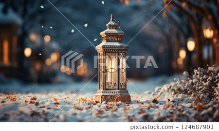 Lantern at night in the park in the snow for New Year and Christmas 124687901