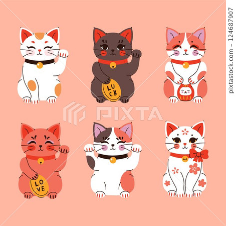 Set of cute kawaii maneki neko cats. vector graphics 124687907