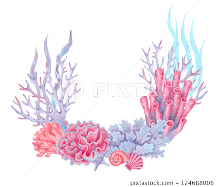 Composition with corals, seaweed and shells. Watercolor illustration. Underwater nature of the seabed. Hand drawn coral reef with space for text. Art for children's design, tourism industry, travel 124688008