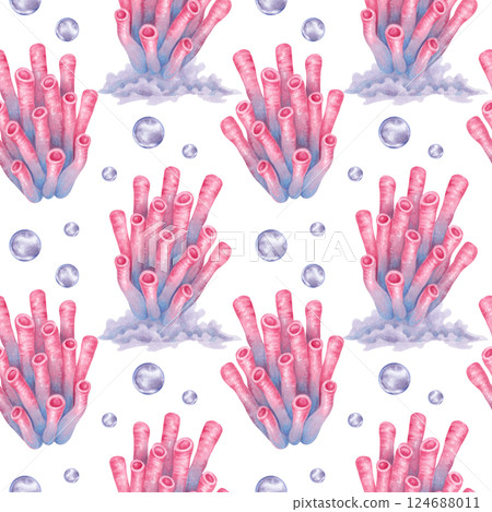 Tube coral with water bubbles. Seamless pattern. Watercolor and marker illustrations. Ocean coral reefs, seabed underwater animal. Hand drawn isolated art. Nautical design for fabric, textile. Tube coral with water bubbles. Seamless pattern. Watercolor and marker illustrations. Ocean coral reefs, seabed underwater animal. Hand drawn isolated art. Nautical design for fabric, textile. 124688011