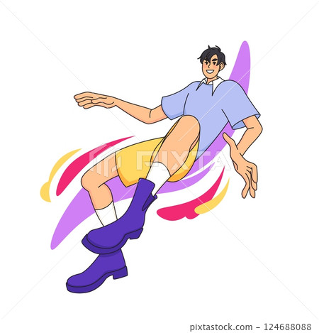 Flying man. Happy character falling in fantasy, person in abstract universe, positive boy in imagination floating, teenager jumping in gravity, vector cartoon flat style isolated freedom illustration Flying man. Happy character falling in fantasy, person in abstract universe, positive boy in imagination floating, teenager jumping in gravity, vector cartoon flat style isolated freedom illustration 124688088