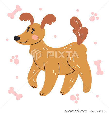 Cute dog. Funny pet, doodle pawprints and bones on background, playful adorable domestic animal, veterinary or grooming mascot, puppy mammal, print or poster. Vector cartoon flat isolated illustration Cute dog. Funny pet, doodle pawprints and bones on background, playful adorable domestic animal, veterinary or grooming mascot, puppy mammal, print or poster. Vector cartoon flat isolated illustration 124688095