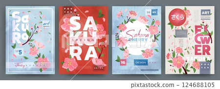 Sakura. Cherry blossom of Japan. Flower poster. Nature tree in spring. Floral pink branch from Japanese tradition to bloom. Modern geometric design with botanical vector wedding Chinese tidy card Sakura. Cherry blossom of Japan. Flower poster. Nature tree in spring. Floral pink branch from Japanese tradition to bloom. Modern geometric design with botanical vector wedding Chinese tidy card 124688105