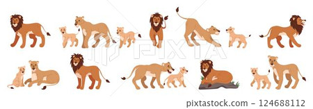 Lion animal family. Lioness, cub baby, king cat. Jungle cartoon flat zoo characters. Safari nature wild. Mammal in wildlife, pride in savannah. Vector illustration African tidy fauna isolated set 124688112
