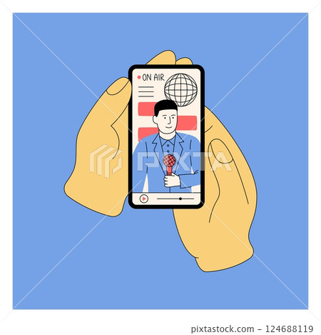 Phone in hands. People holding smartphones. Mobile video app. News broadcast. Doodle podcast. Cellphone user watching vlog. Digital movie. Social media interview live streaming. Vector garish card 124688119