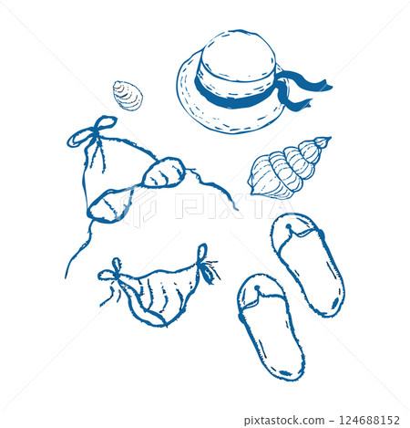 Summer seashore sea tourism, rest sketch drawing. Swimsuit straw hat with ribbon seashell, Line hand drawn beach party elements. Vacation doodle tropical print. 124688152