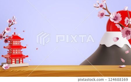 3d Japanese spring landscape landmark. Render cartoon wooden table top or counter surface with pagoda souvenir, mountain Fuji view and pink sakura branches for travel tour advertising. 3D illustration 3d Japanese spring landscape landmark. Render cartoon wooden table top or counter surface with pagoda souvenir, mountain Fuji view and pink sakura branches for travel tour advertising. 3D illustration 124688169