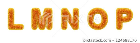3d fur type font, fluffy alphabet letters L, M, N, O, P with yellow orange gradient hairy texture. Furry plush and shaggy text characters. Soft fuzzy english abc, isolated render set. 3D illustration 124688170