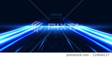 Abstract scene elegant blue light lines on dark background with lighting effect and sparkle. 124688217