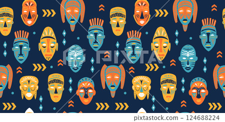 Seamless pattern of ritual masks of African ethnic tribes of various shapes on blue background. 124688224