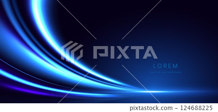 Modern blue glowing curved rays with copy space for text. Futuristic speed moving movement concept. 124688225