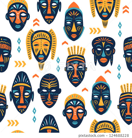 Seamless pattern of ritual masks of African ethnic tribes of various shapes 124688228