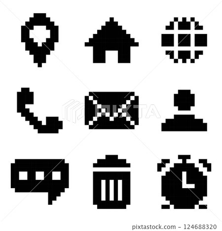 Black Pixel Art Icons Set Featuring Communication Navigation and Utility Symbols in a Retro Style Black Pixel Art Icons Set Featuring Communication Navigation and Utility Symbols in a Retro Style 124688320