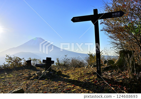 Mount Fuji in the morning as seen from the summit of Mount Eboshi in the Misaka Mountains. Copy space Mount Fuji in the morning as seen from the summit of Mount Eboshi in the Misaka Mountains. Copy space 124688693