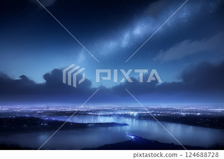 遊戲背景：藍色星空與大河的風景 124688728