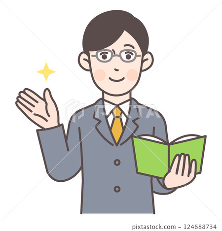 A male teacher guiding while holding a textbook A male teacher guiding while holding a textbook 124688734