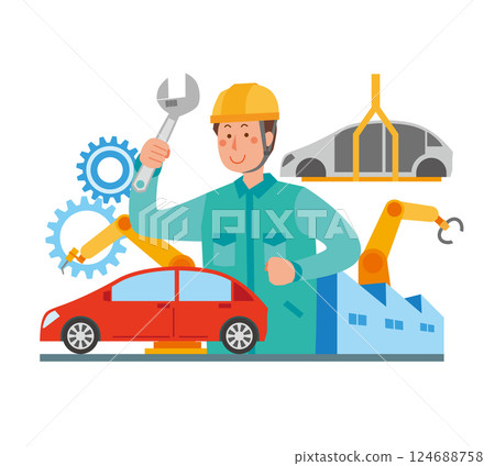 Male worker working at an automobile manufacturing factory 124688758