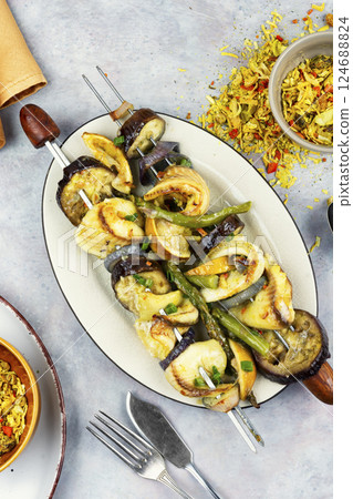 BBQ Fish and Vegetable Kabobs. 124688824