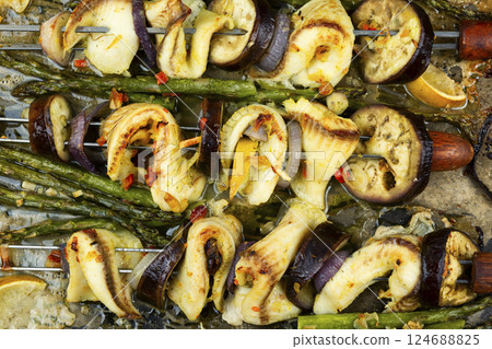 Grilled fish kebabs with fresh fish. 124688825