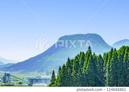 Fresh green Kusu basin and felled mountain 124688861