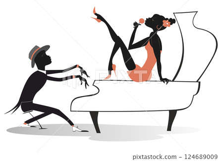 Couple African musicians, singer woman and pianist man. Expressive African duet of woman with a microphone and pianist man. Isolated on white background 124689009
