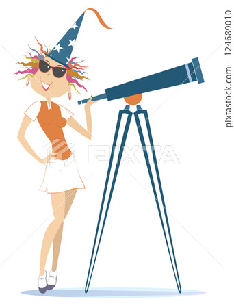 Astronomy scientist or stargazer woman. Astronomy scientist or stargazer woman looking through a telescope. Fantasy wizard in tall hat. Isolated white background Astronomy scientist or stargazer woman. Astronomy scientist or stargazer woman looking through a telescope. Fantasy wizard in tall hat. Isolated white background 124689010
