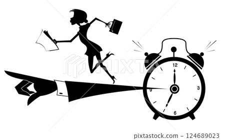 Businessman. Time concept. Deadline. Hand from the alarm clock points the direction where to go to a businesswoman with bag and papers. Black and white illustration Businessman. Time concept. Deadline. Hand from the alarm clock points the direction where to go to a businesswoman with bag and papers. Black and white illustration 124689023