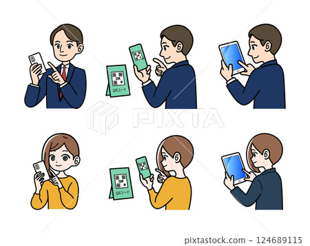 A set of men and women in suits operating devices 124689115