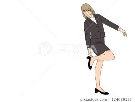 一位女商人脫鞋穿高跟鞋的插圖，全身，正面，單腳站立 124689135