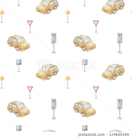 Pattern children's car with eyes, road signs, symbol, pointer, traffic lights. Watercolor illustration on isolated background for textile design, fabric, packaging, printing, wallpaper, baby clothes 124689169