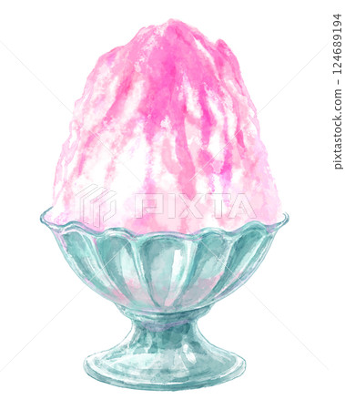 Watercolor illustration of shaved ice in a glass bowl (pink and strawberry) 124689194
