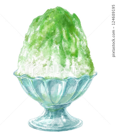 Watercolor illustration of shaved ice in a glass bowl (green and matcha) 124689195