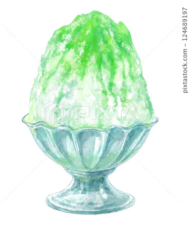 玻璃碗中的刨冰水彩插圖（綠色，甜瓜糖漿） 124689197