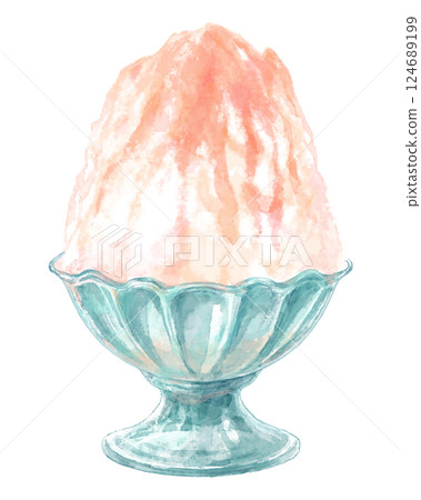 玻璃碗中的刨冰水彩插圖(珊瑚和桃子) 玻璃碗中的刨冰水彩插圖(珊瑚和桃子) 124689199