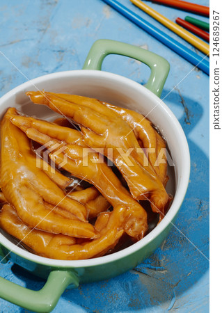 asian chicken feet coated in gelatin in a casserole asian chicken feet coated in gelatin in a casserole 124689267