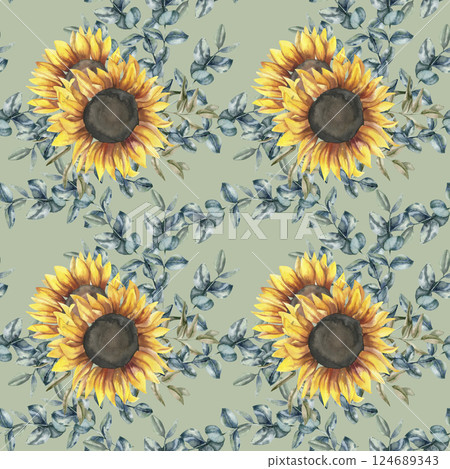 Sunflower floral seamless pattern with yellow flowers and green leaves watercolor illustration. Garden floral background for autumn seasonal design. Sunny botanical pattern for packing,textile design 124689343