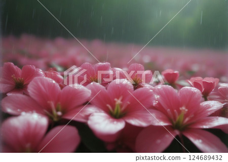 天竺葵花在雨中濕漉漉的 124689432