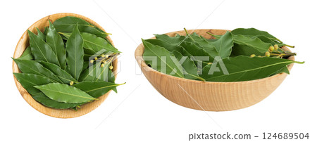 Fresh Laurel leaves in wooden bowl isolated on white background. Green bay leaf. Top view. Flat lay. 124689504