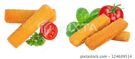 Fish finger or stick with parsley isolated on white background with full depth of field. Top view. Flat lay. Fish finger or stick with parsley isolated on white background with full depth of field. Top view. Flat lay. 124689514