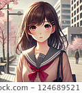 School girls wearing uniforms in front of the school building 124689521