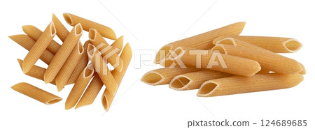 Wolegrain penne pasta from durum wheat isolated on white background with full depth of field. Top view. Flat lay, Wolegrain penne pasta from durum wheat isolated on white background with full depth of field. Top view. Flat lay, 124689685