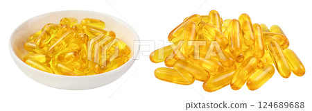 Fish oil capsules in bowl isolated on white background with full depth of field 124689688