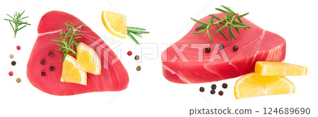 Fresh tuna fish fillet steak with rosemary, lemon and peppercorns isolated on white background . Top view. Flat lay 124689690