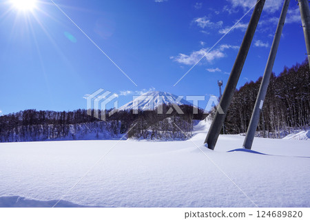 Mount Yotei seen from the parking lot near the spring water outlet of Fukidashi Park in Kyogoku Town 124689820