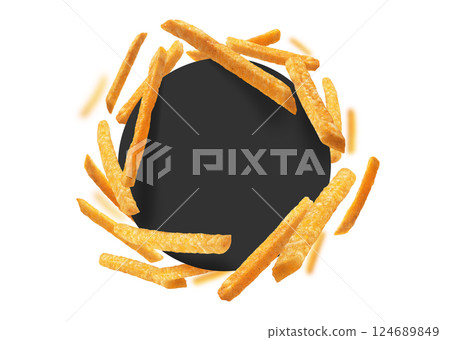 French fries on a white background with a black circle in the center 124689849