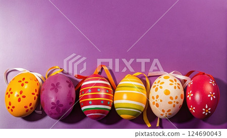 Spring composition with colored Easter eggs. 124690043