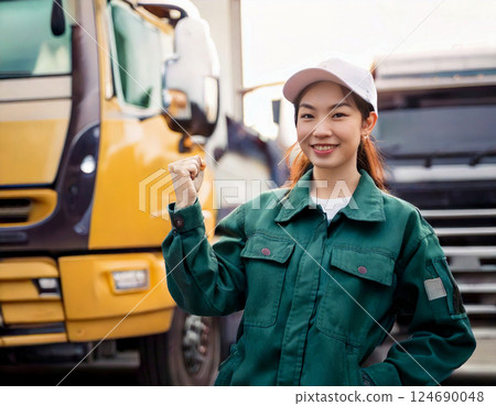 A woman smiling and pumping her fist in front of a truck 124690048