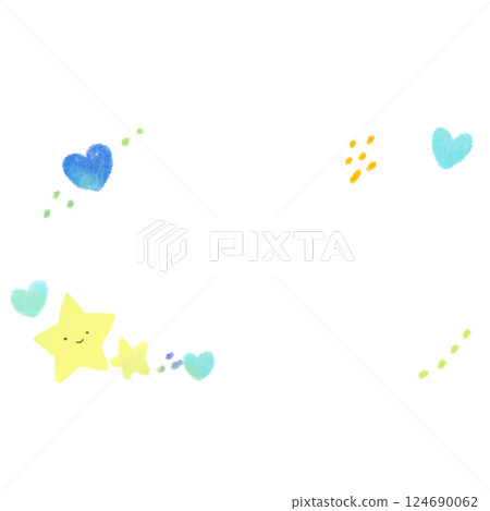 可愛的心和星星，帶有臉部插圖，藍色 124690062