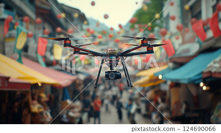 Drone delivers gourmet meals through busy market street during daylight hours 124690066